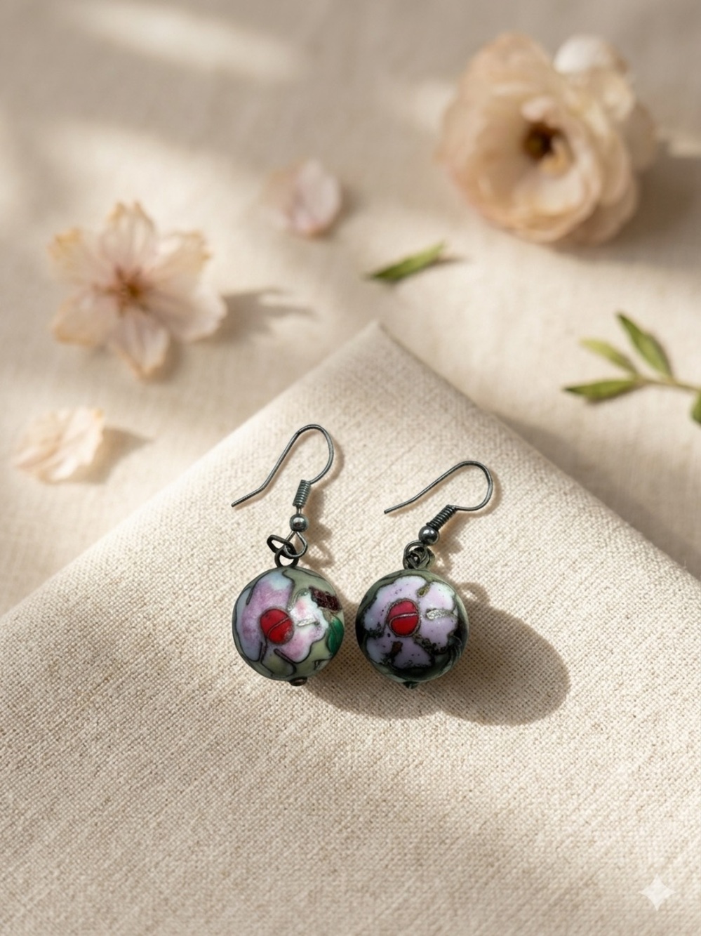 Pink Floral Cloisonné Drop Earrings with Green Accents Handmade